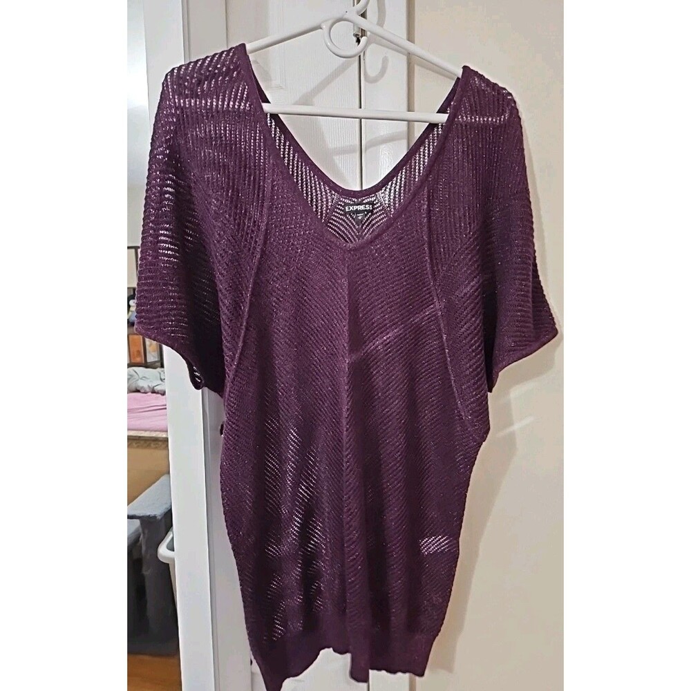 Express Womens Sz M Purple Metallic Hollow Knit V-Neck Long Sweater Tunic